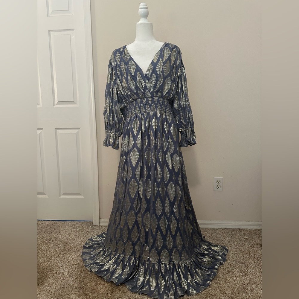 WKND Dusty Blue Maxi Dress Sz XL Gold Seashells Beach Wedding Resortwear Spring